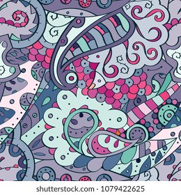 Tracery seamless pattern. Mehndi design. Ethnic colorful doodle texture. Curved doodling background. Vector