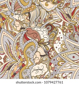 Tracery seamless pattern. Mehndi design. Ethnic colorful doodle texture. Curved doodling background. Vector