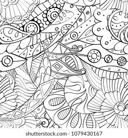 Tracery seamless pattern. Mehndi design. Ethnic monochrome binary doodle texture. Curved doodling black and white background. Vector