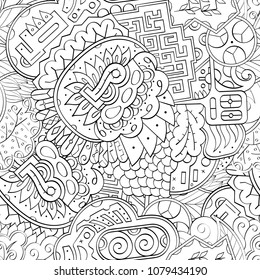 Tracery seamless pattern. Mehndi design. Ethnic monochrome binary doodle texture. Curved doodling black and white background. Vector