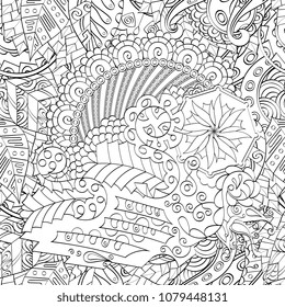 Tracery seamless pattern. Mehndi design. Ethnic monochrome binary doodle texture. Curved doodling black and white background. Vector