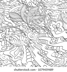 Tracery seamless pattern. Mehndi design. Ethnic monochrome binary doodle texture. Curved doodling black and white background. Vector