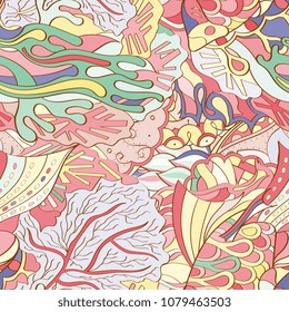 Tracery seamless pattern. Mehndi design. Ethnic colorful doodle texture. Curved doodling background. Vector