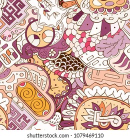 Tracery seamless pattern. Mehndi design. Ethnic colorful doodle texture. Curved doodling background. Vector