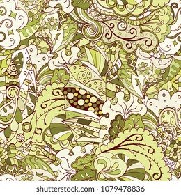 Tracery seamless pattern. Mehndi design. Ethnic colorful doodle texture. Curved doodling background. Vector
