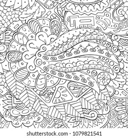 Tracery seamless pattern. Mehndi design. Ethnic monochrome binary doodle texture. Curved doodling black and white background. Vector