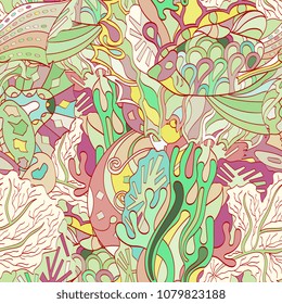 Tracery seamless pattern. Mehndi design. Ethnic colorful doodle texture. Curved doodling background. Vector