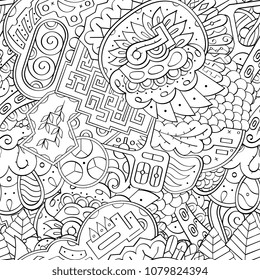 Tracery seamless pattern. Mehndi design. Ethnic monochrome binary doodle texture. Curved doodling black and white background. Vector