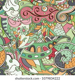 Tracery seamless pattern. Mehndi design. Ethnic colorful doodle texture. Curved doodling background. Vector
