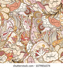 Tracery seamless pattern. Mehndi design. Ethnic colorful doodle texture. Curved doodling background. Vector