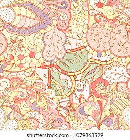 Tracery seamless pattern. Mehndi design. Ethnic colorful doodle texture. Curved doodling background. Vector