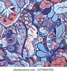 Tracery seamless pattern. Mehndi design. Ethnic colorful doodle texture. Curved doodling background. Vector