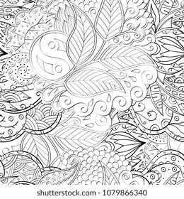 Tracery seamless pattern. Mehndi design. Ethnic monochrome binary doodle texture. Curved doodling black and white background. Vector