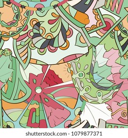 Tracery seamless pattern. Mehndi design. Ethnic colorful doodle texture. Curved doodling background. Vector