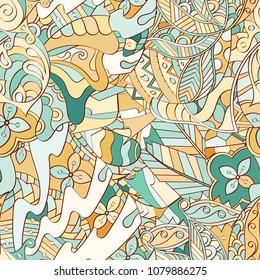 Tracery seamless pattern. Mehndi design. Ethnic colorful doodle texture. Curved doodling background. Vector