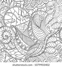 Tracery seamless pattern. Mehndi design. Ethnic monochrome binary doodle texture. Curved doodling black and white background. Vector