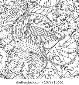 Tracery seamless pattern. Mehndi design. Ethnic monochrome binary doodle texture. Curved doodling black and white background. Vector