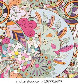 Tracery seamless pattern. Mehndi design. Ethnic colorful doodle texture. Curved doodling background. Vector