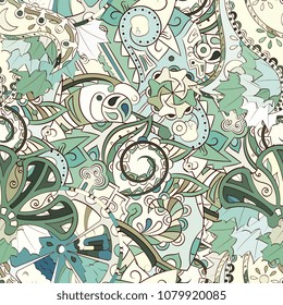 Tracery seamless pattern. Mehndi design. Ethnic colorful doodle texture. Curved doodling background. Vector