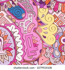 Tracery seamless pattern. Mehndi design. Ethnic colorful doodle texture. Curved doodling background. Vector
