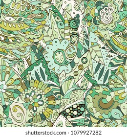 Tracery seamless pattern. Mehndi design. Ethnic colorful doodle texture. Curved doodling background. Vector