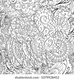 Tracery seamless pattern. Mehndi design. Ethnic monochrome binary doodle texture. Curved doodling black and white background. Vector