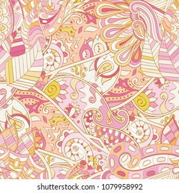 Tracery seamless pattern. Mehndi design. Ethnic colorful doodle texture. Curved doodling background. Vector