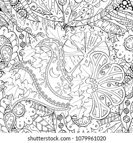 Tracery seamless pattern. Mehndi design. Ethnic monochrome binary doodle texture. Curved doodling black and white background. Vector