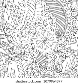 Tracery seamless pattern. Mehndi design. Ethnic monochrome binary doodle texture. Curved doodling black and white background. Vector