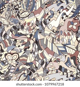 Tracery seamless pattern. Mehndi design. Ethnic colorful doodle texture. Curved doodling background. Vector