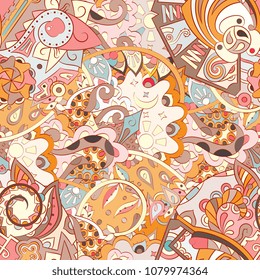 Tracery seamless pattern. Mehndi design. Ethnic colorful doodle texture. Curved doodling background. Vector