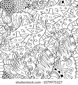 Tracery seamless pattern. Mehndi design. Ethnic monochrome binary doodle texture. Curved doodling black and white background. Vector