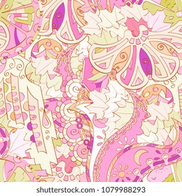 Tracery seamless pattern. Mehndi design. Ethnic colorful doodle texture. Curved doodling background. Vector