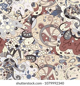 Tracery seamless pattern. Mehndi design. Ethnic colorful doodle texture. Curved doodling background. Vector