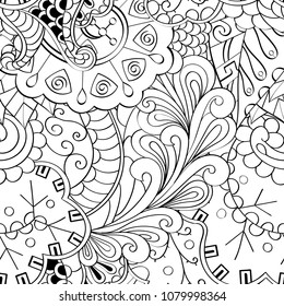 Tracery seamless pattern. Mehndi design. Ethnic monochrome binary doodle texture. Curved doodling black and white background. Vector