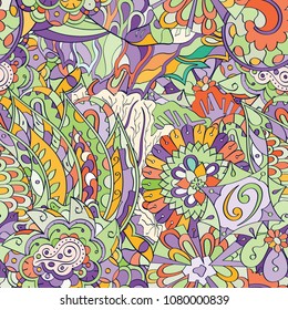 Tracery seamless pattern. Mehndi design. Ethnic colorful doodle texture. Curved doodling background. Vector