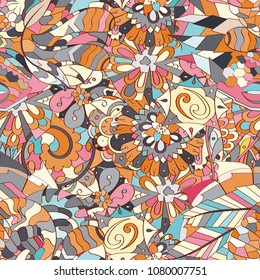 Tracery seamless pattern. Mehndi design. Ethnic colorful doodle texture. Curved doodling background. Vector