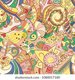 Tracery seamless pattern. Mehndi design. Ethnic colorful doodle texture. Curved doodling background. Vector