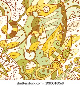 Tracery seamless pattern. Mehndi design. Ethnic colorful doodle texture. Curved doodling background. Vector