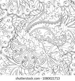 Tracery seamless pattern. Mehndi design. Ethnic monochrome binary doodle texture. Curved doodling black and white background. Vector