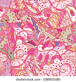Tracery seamless pattern. Mehndi design. Ethnic colorful doodle texture. Curved doodling background. Vector
