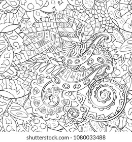 Tracery seamless pattern. Mehndi design. Ethnic monochrome binary doodle texture. Curved doodling black and white background. Vector