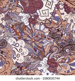 Tracery seamless pattern. Mehndi design. Ethnic colorful doodle texture. Curved doodling background. Vector