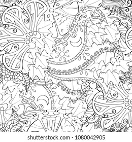 Tracery seamless pattern. Mehndi design. Ethnic monochrome binary doodle texture. Curved doodling black and white background. Vector