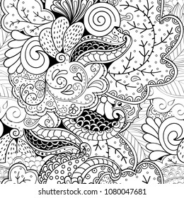 Tracery seamless pattern. Mehndi design. Ethnic monochrome binary doodle texture. Curved doodling black and white background. Vector