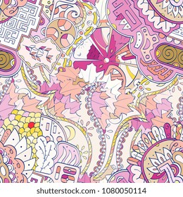 Tracery seamless pattern. Mehndi design. Ethnic colorful doodle texture. Curved doodling background. Vector