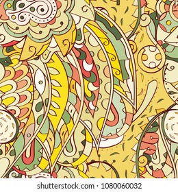 Tracery seamless pattern. Mehndi design. Ethnic colorful doodle texture. Curved doodling background. Vector