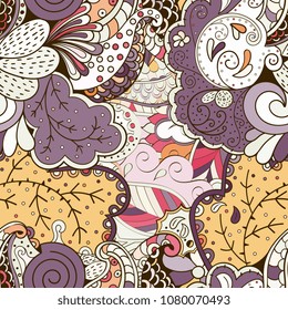 Tracery seamless pattern. Mehndi design. Ethnic colorful doodle texture. Curved doodling background. Vector