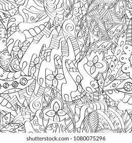 Tracery seamless pattern. Mehndi design. Ethnic monochrome binary doodle texture. Curved doodling black and white background. Vector