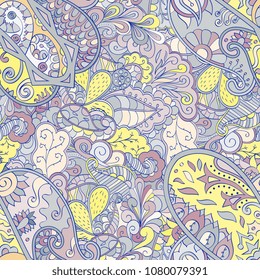 Tracery seamless pattern. Mehndi design. Ethnic colorful doodle texture. Curved doodling background. Vector